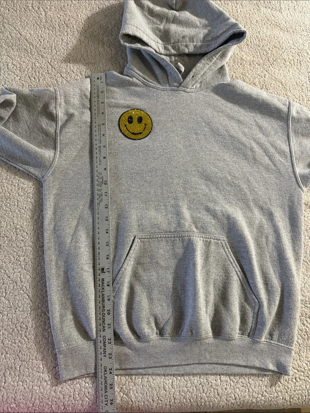 Gildan Light Gray Hoodie with Yellow Rhinestone Smiley Patch Medium